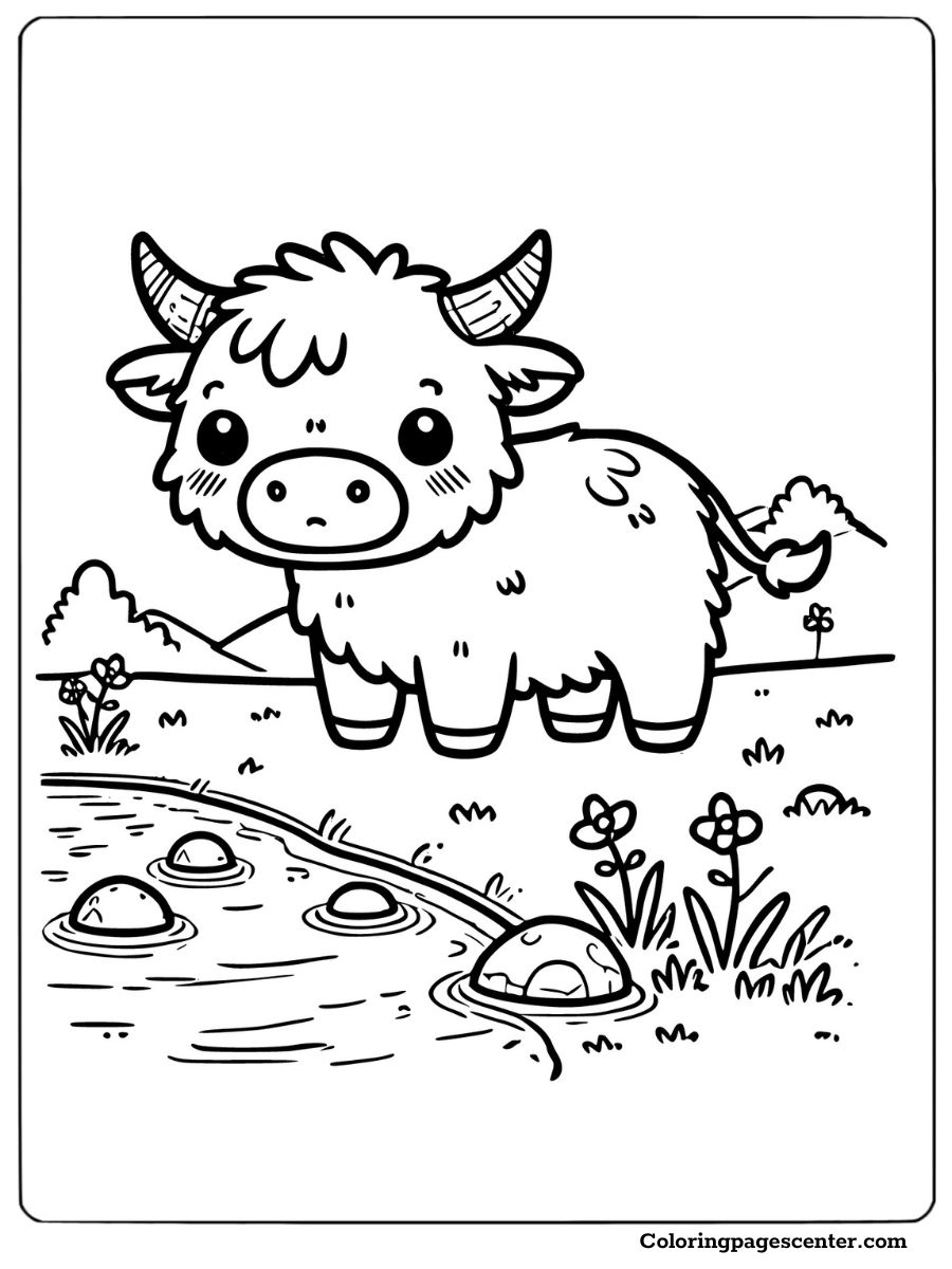 Simple coloring page of highland cow by a stream