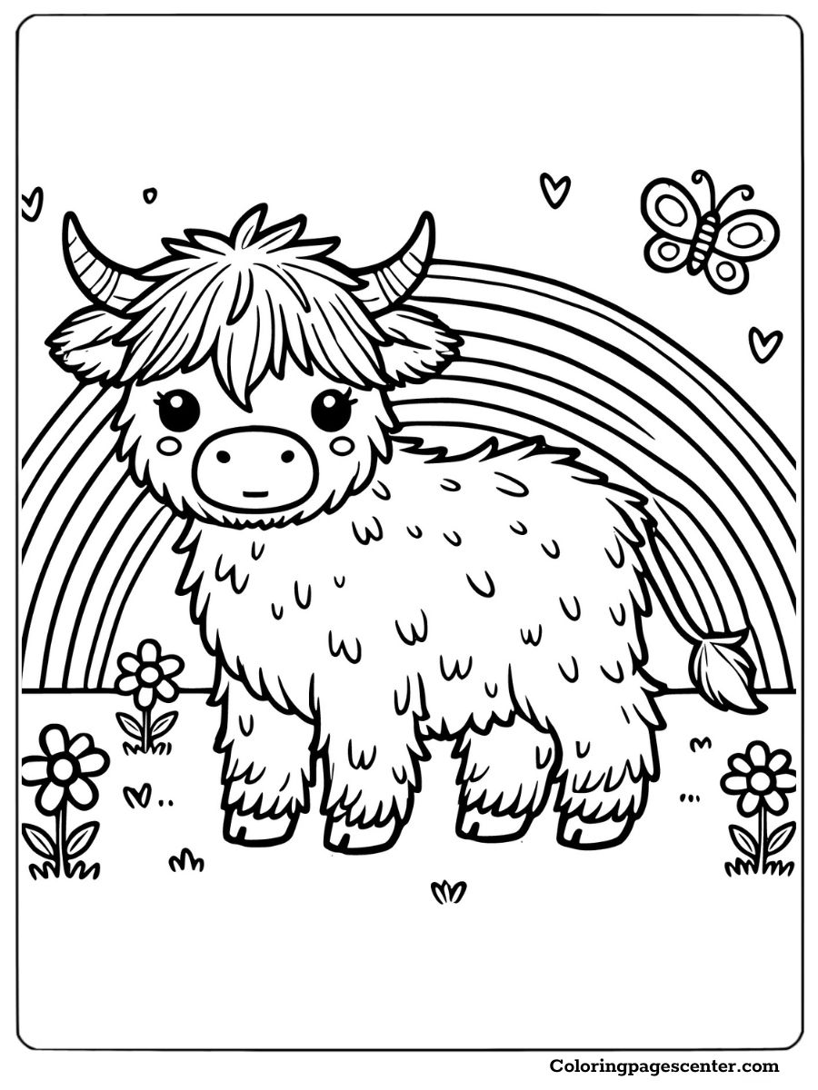 Highland cow with rainbow and flowers coloring page