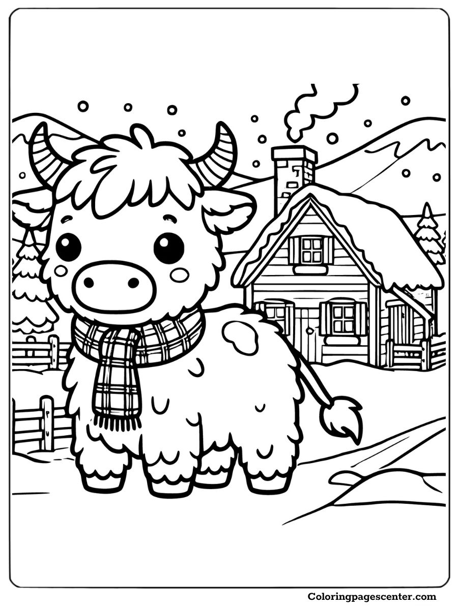 Highland cow with winter cottage coloring page