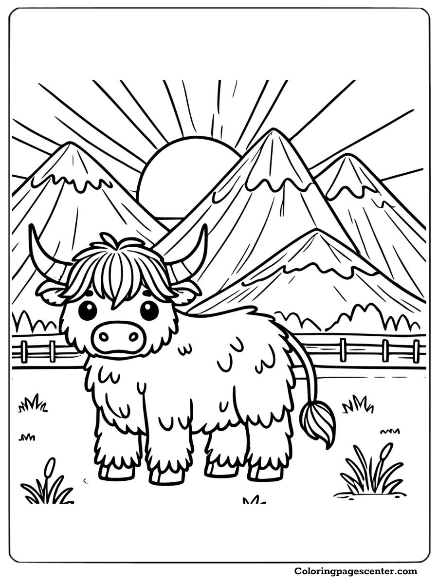 Easy coloring page of a highland cow in a valley