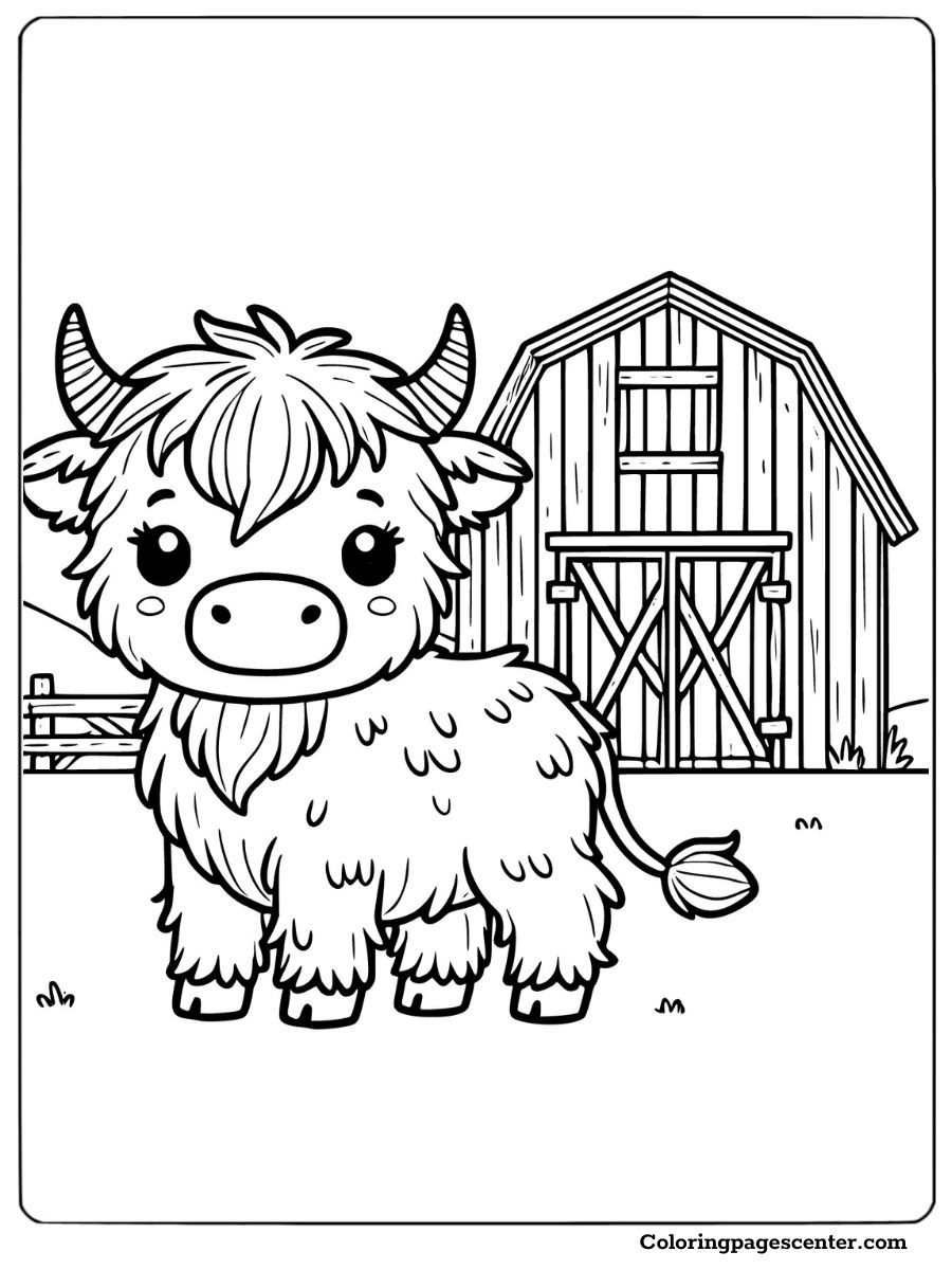 Simple barn with a highland cow coloring page