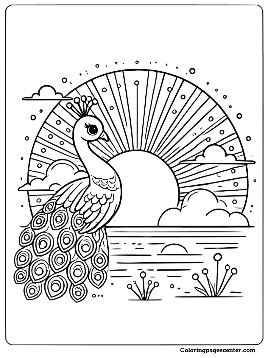 Easy peacock near a sunset with water and clouds coloring page