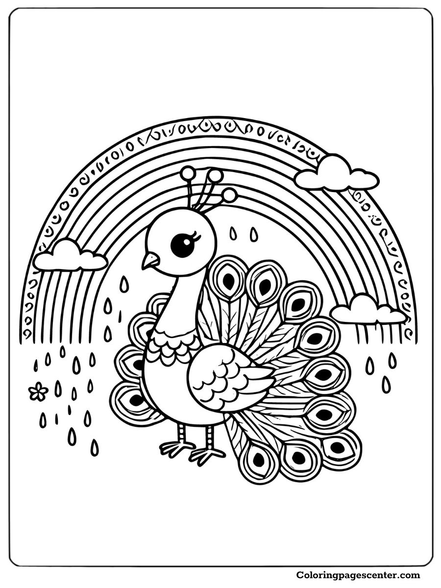 Easy peacock standing in front of a rainbow and clouds coloring page