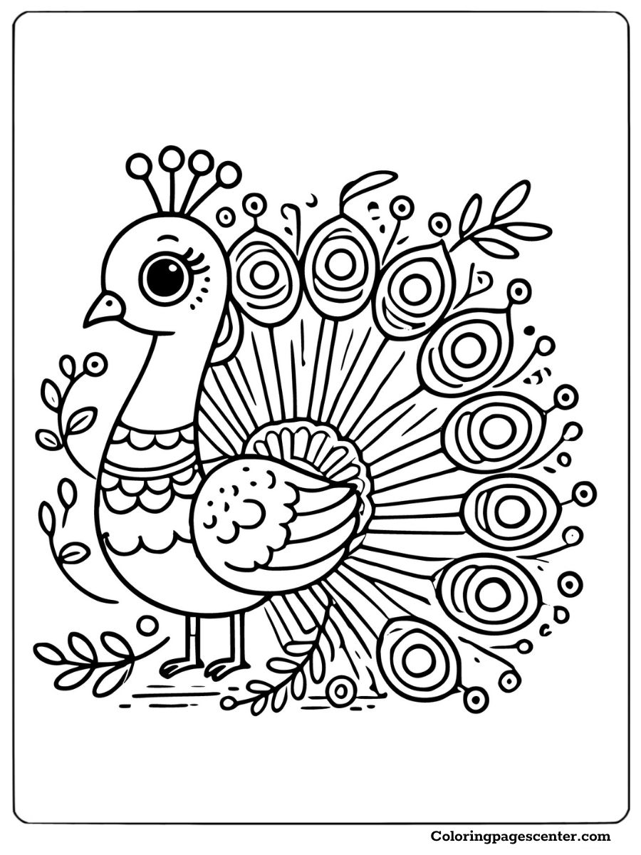 Easy peacock with decorative feathers and leaves around it coloring page