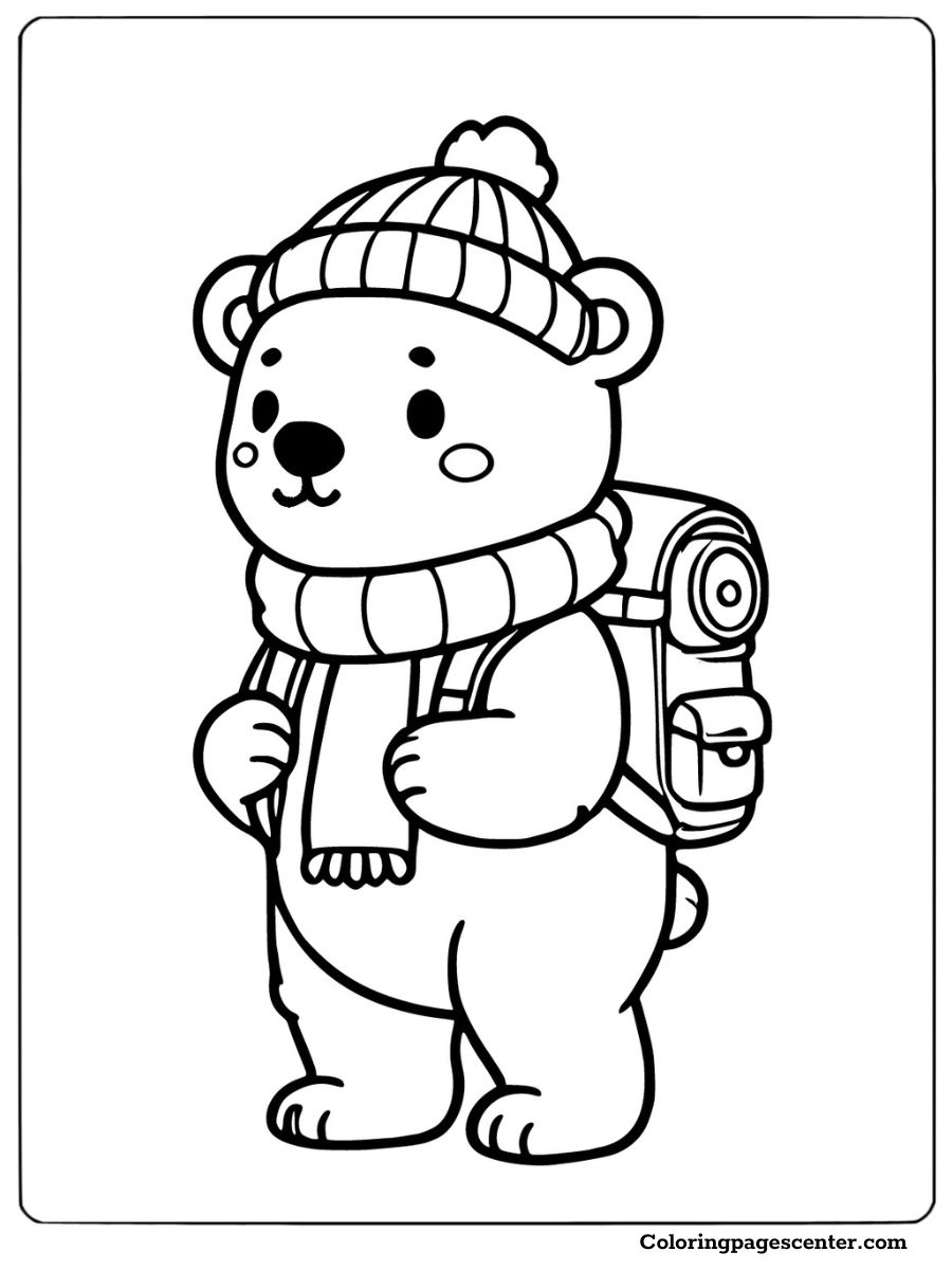 Easy polar bear coloring page with winter accessories