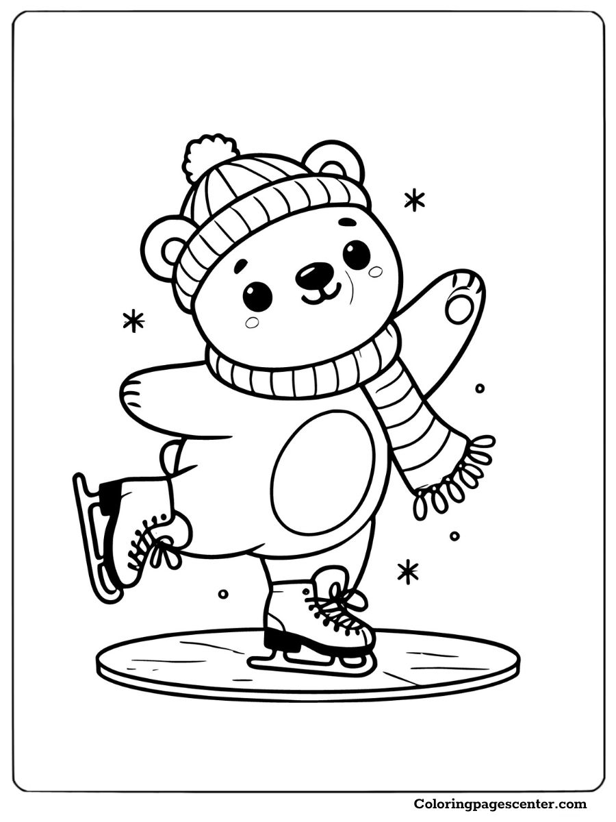 Ice skating polar bear coloring page for beginners