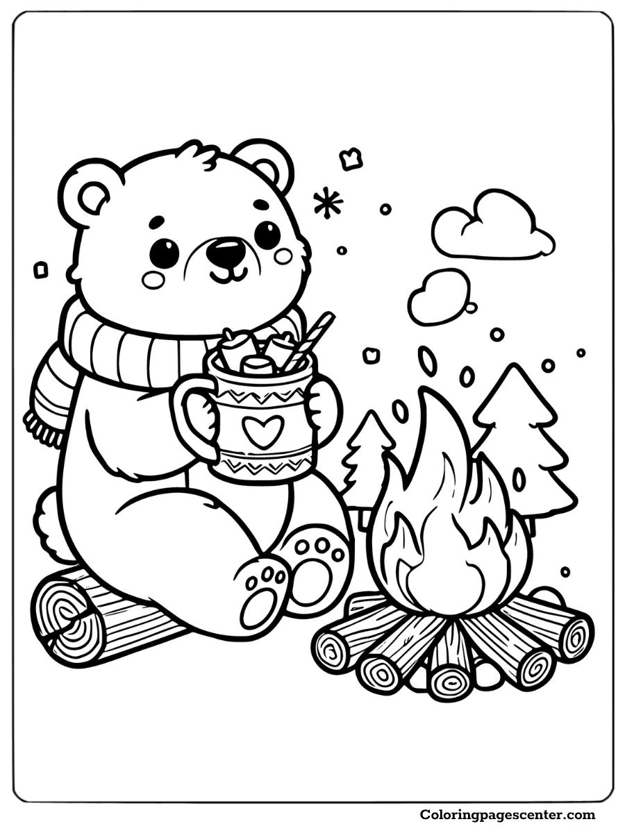 Cute and simple polar bear coloring page with hot cocoa