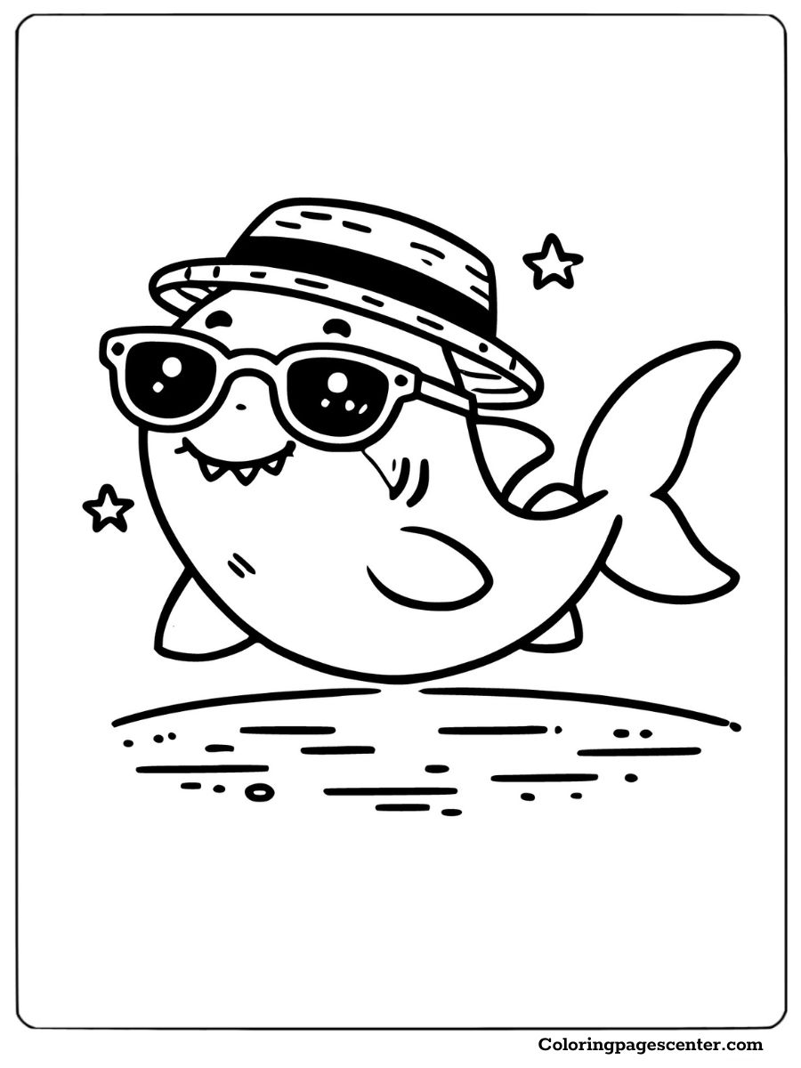 Simple shark wearing sunglasses and a hat swimming happily Coloring Page