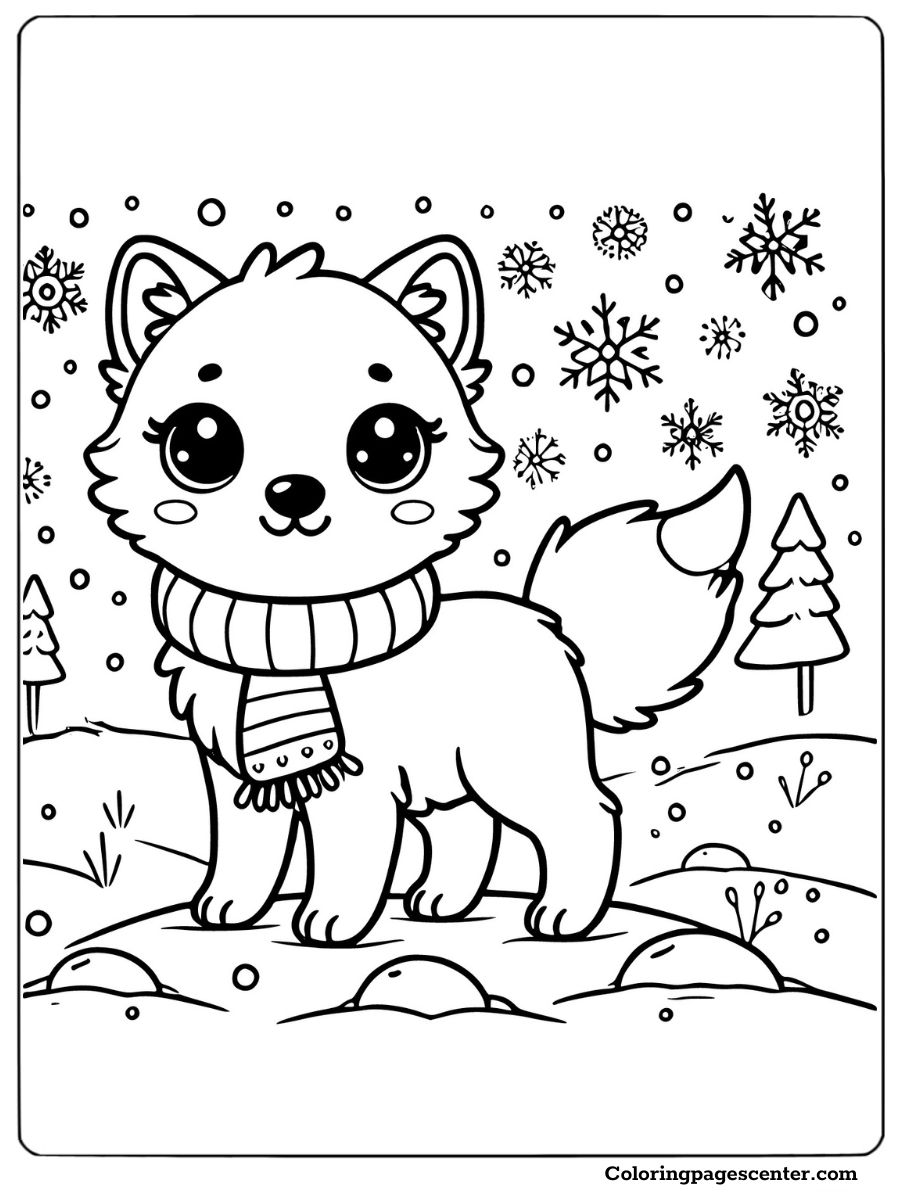 Wolf wearing a scarf in a snowy winter landscape coloring page