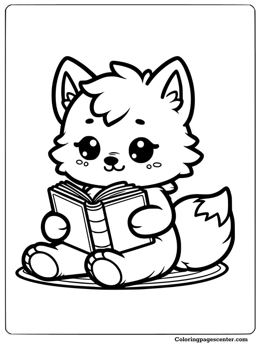 Cute wolf reading a book with a playful expression coloring page