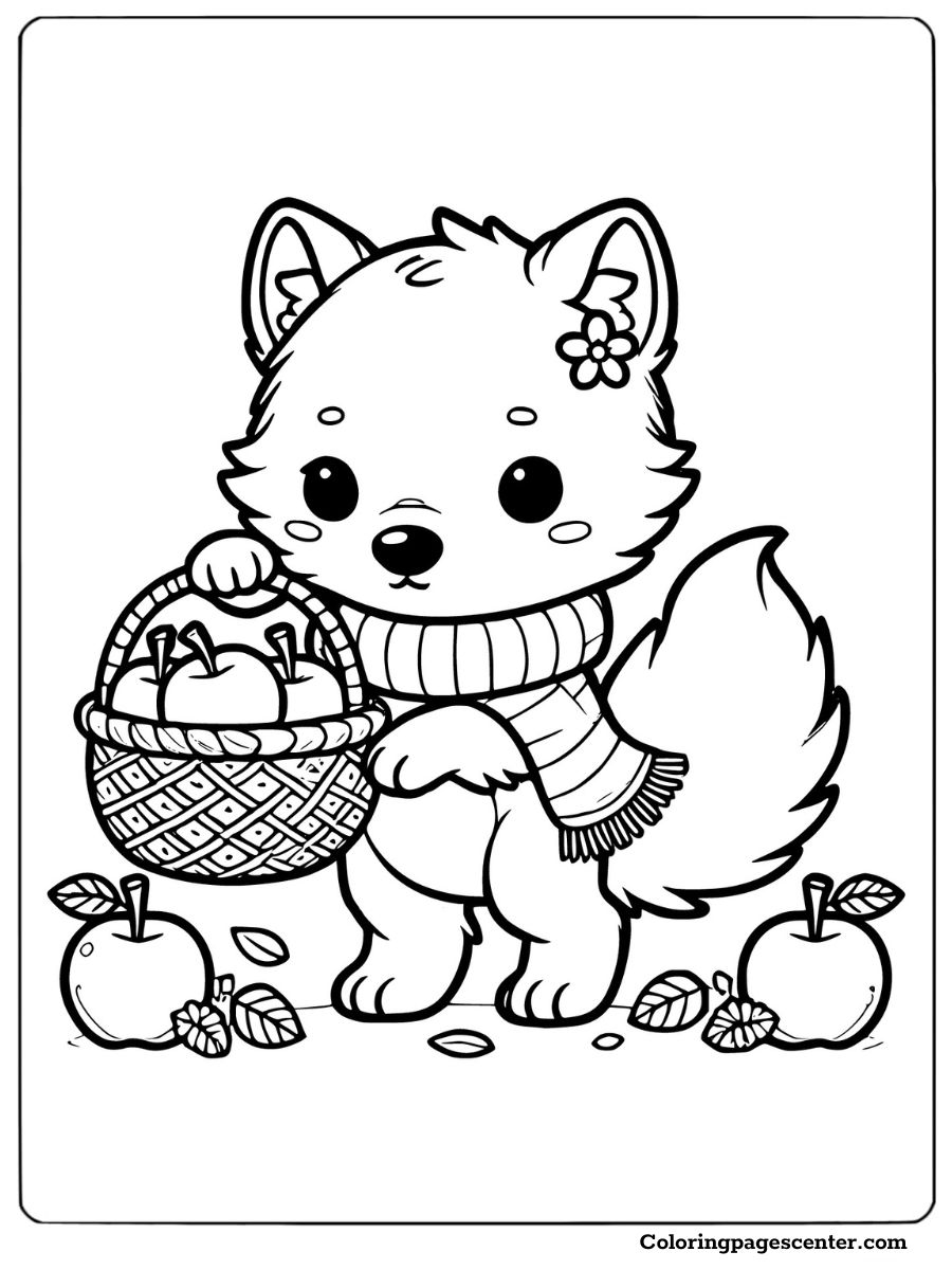 Wolf with a basket full of apples surrounded by leaves coloring page