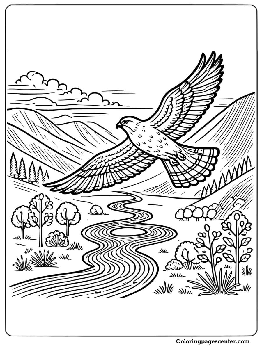 Falcon flying over a scenic river with mountains coloring page