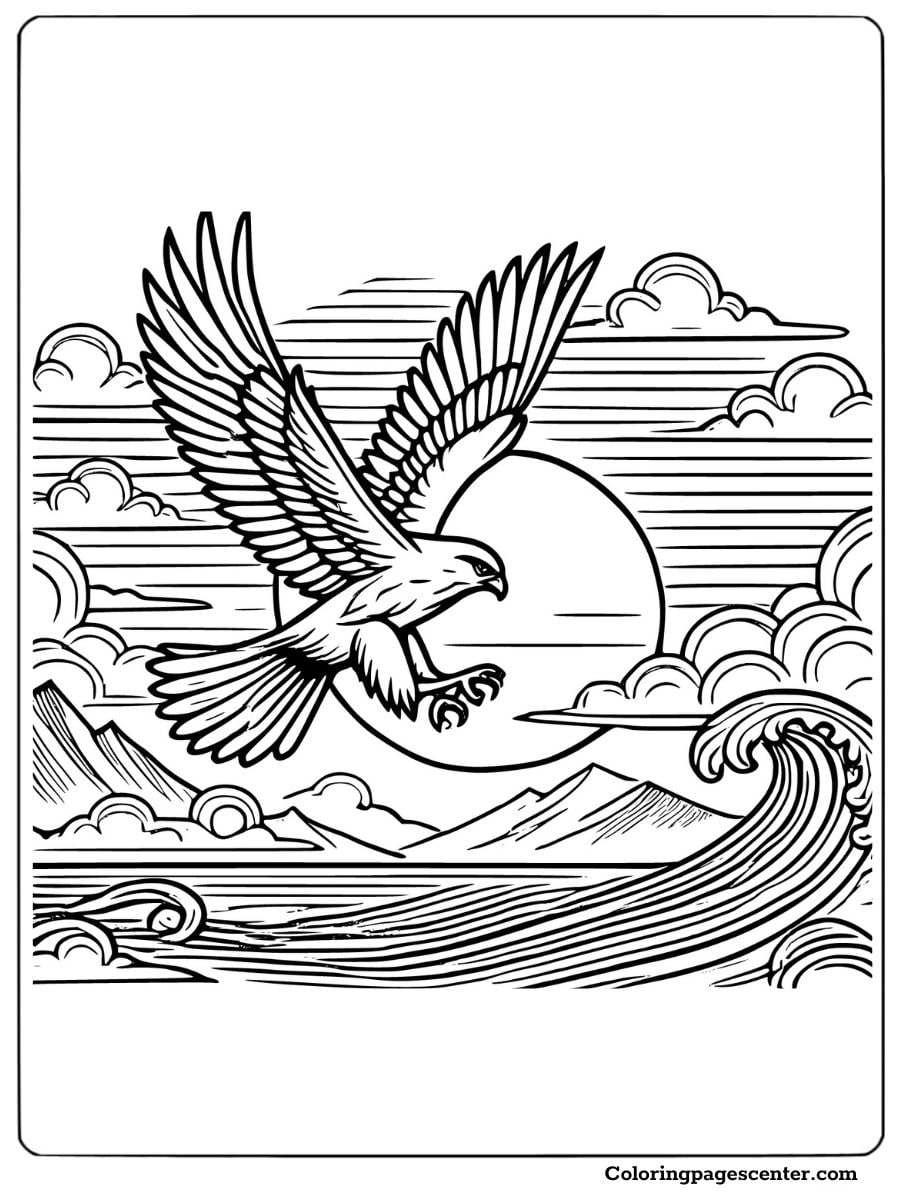 Falcon soaring above waves with mountains coloring page