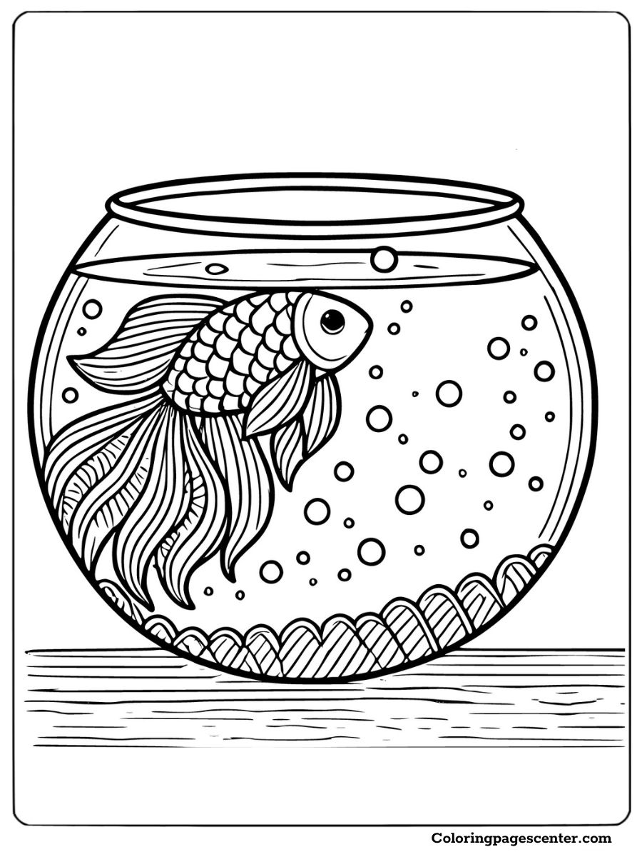 An elegant fish bowl coloring page with a goldfish and intricate bubble designs