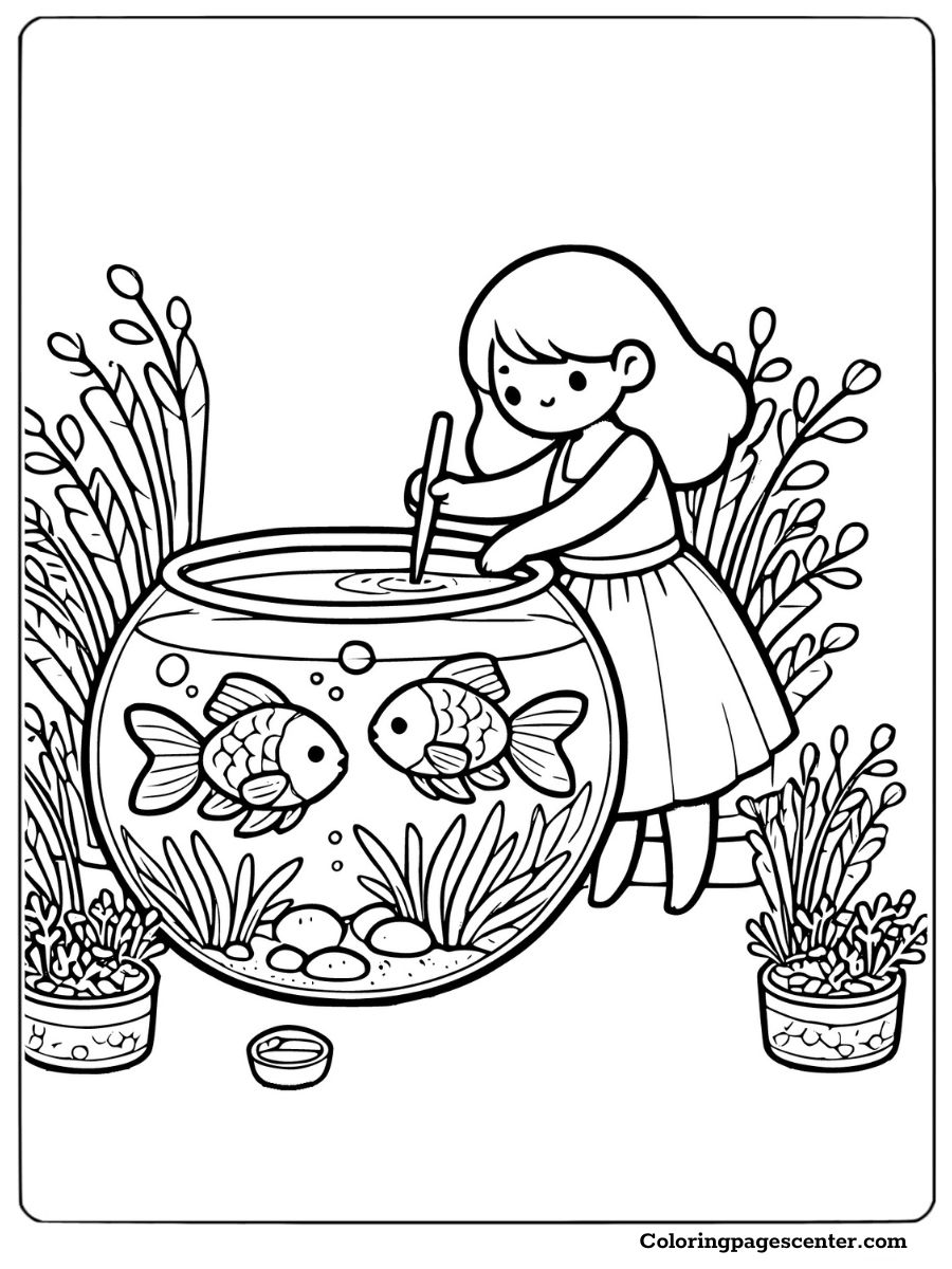 A fish bowl coloring page showing a girl tending to her fish with plants around the bowl