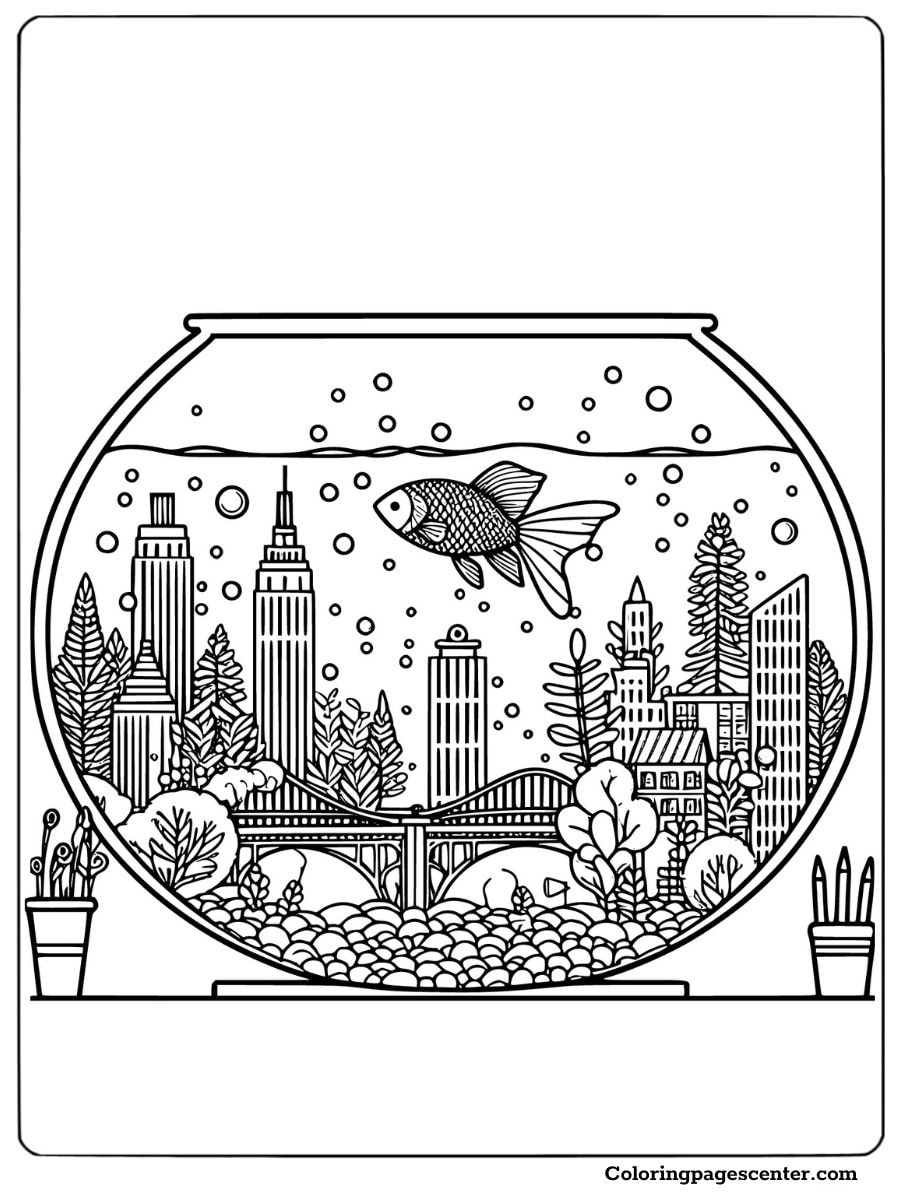 A creative fish bowl coloring page featuring a goldfish swimming in a bowl with a cityscape design inside