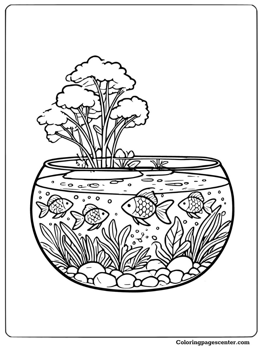 A fish bowl coloring page showing small fish swimming among aquatic plants and pebbles in a decorative bowl