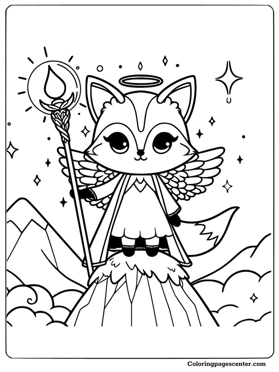 Angelic fox with wings and a staff standing on a mountain Coloring Page