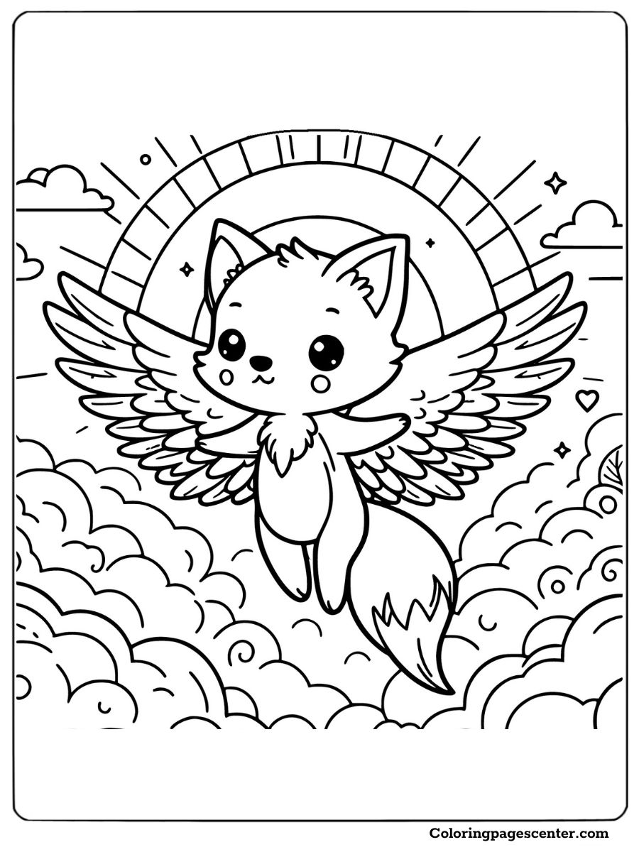 Cute fox with wings flying through clouds and a rainbow Coloring Page