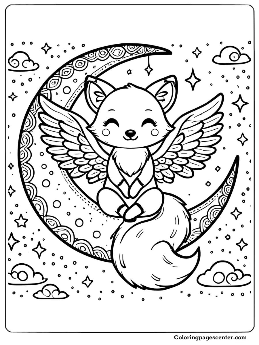 Winged fox sitting on a moon with stars and clouds Coloring Page