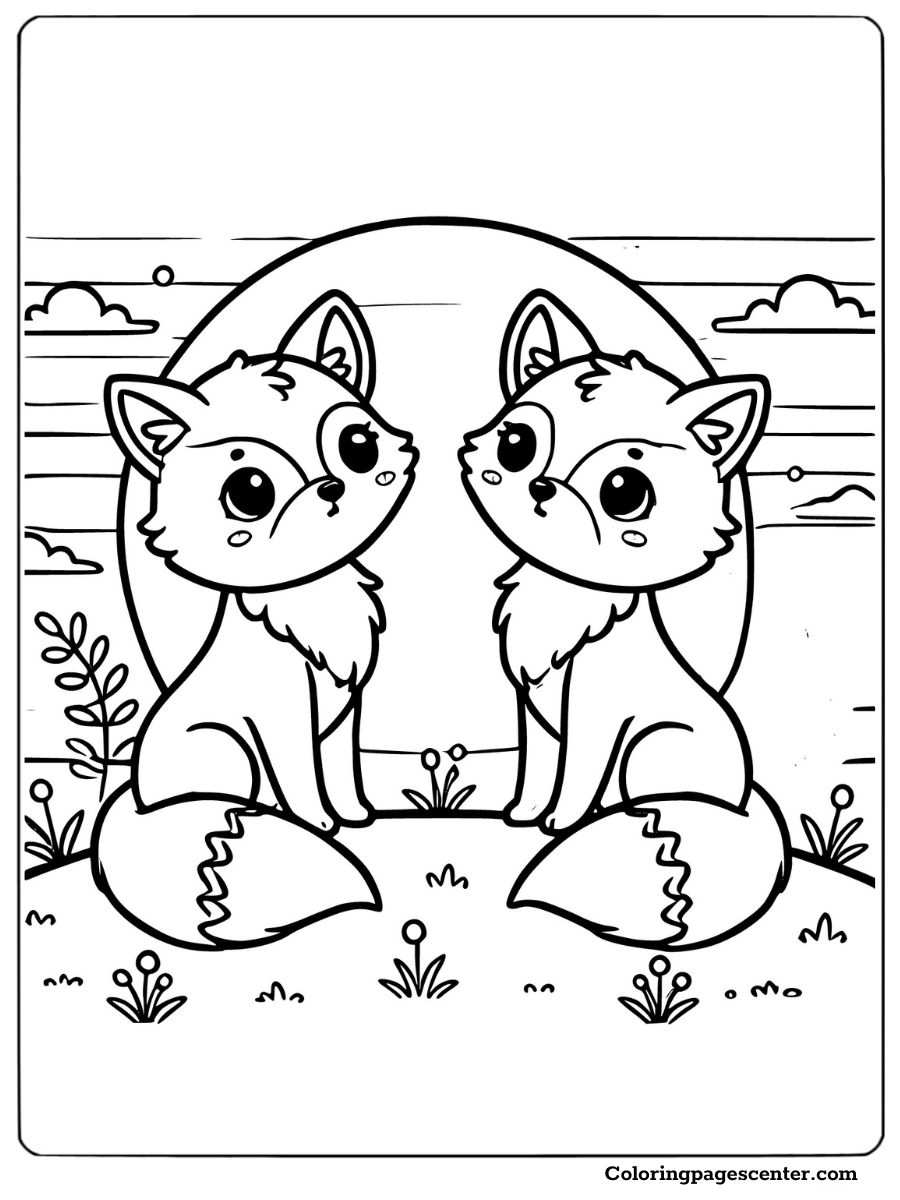 Adorable foxes in nature with a peaceful setting coloring page