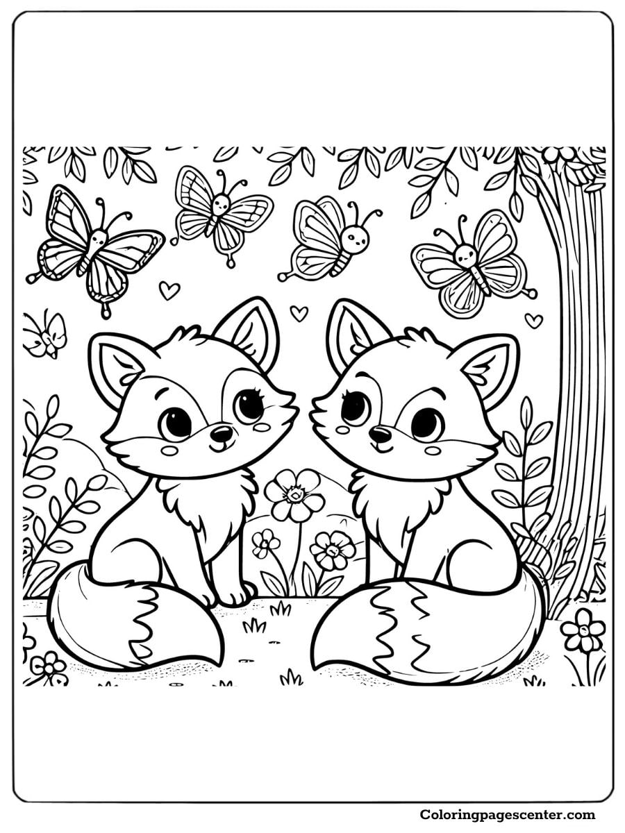 Foxes with butterflies and floral elements coloring page