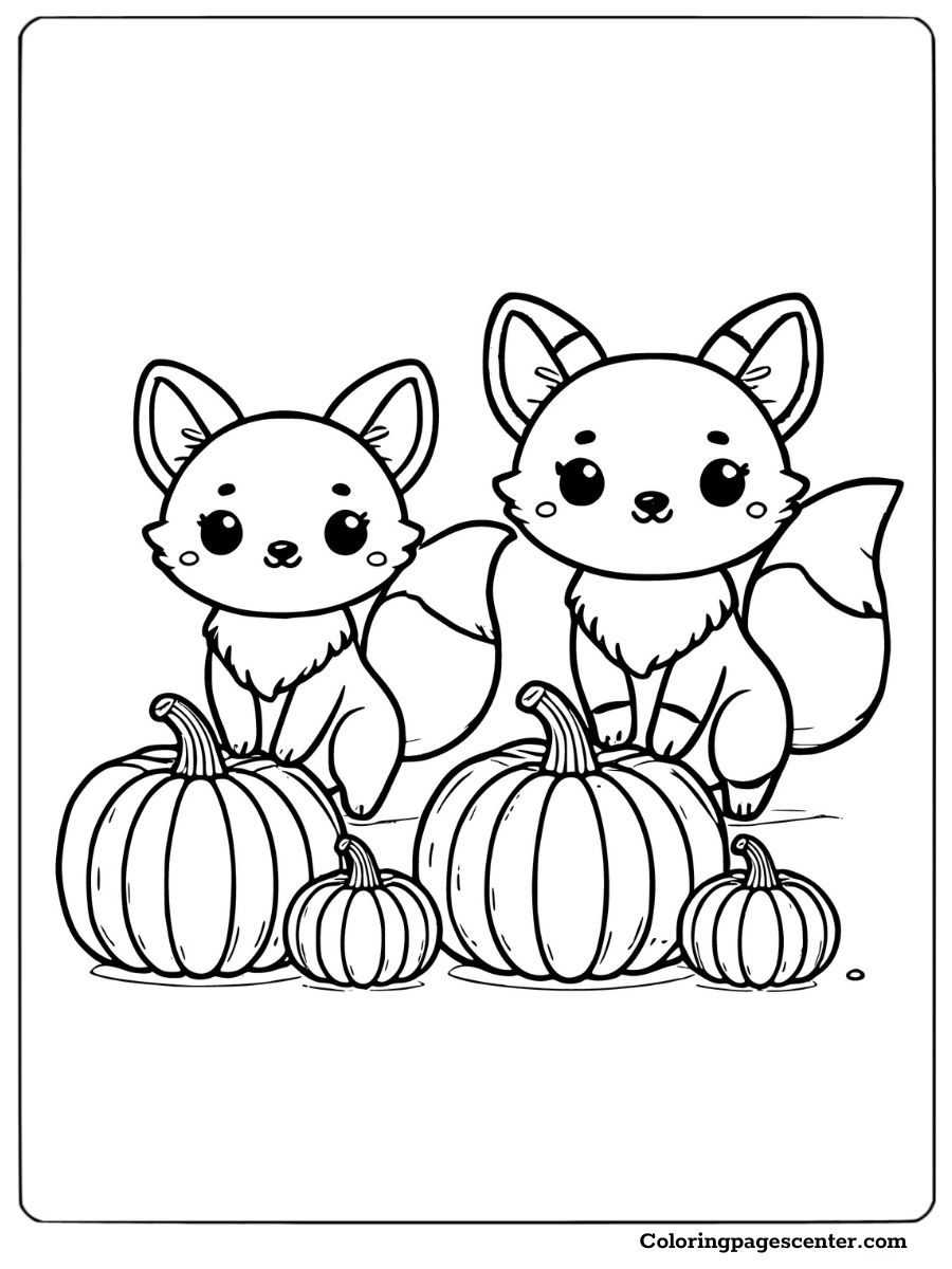 Foxes next to pumpkins in an autumn scene coloring page