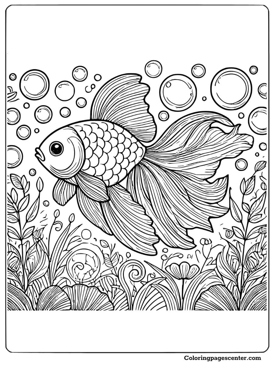 A goldfish coloring page showcasing a goldfish among bubbles and lush underwater plants