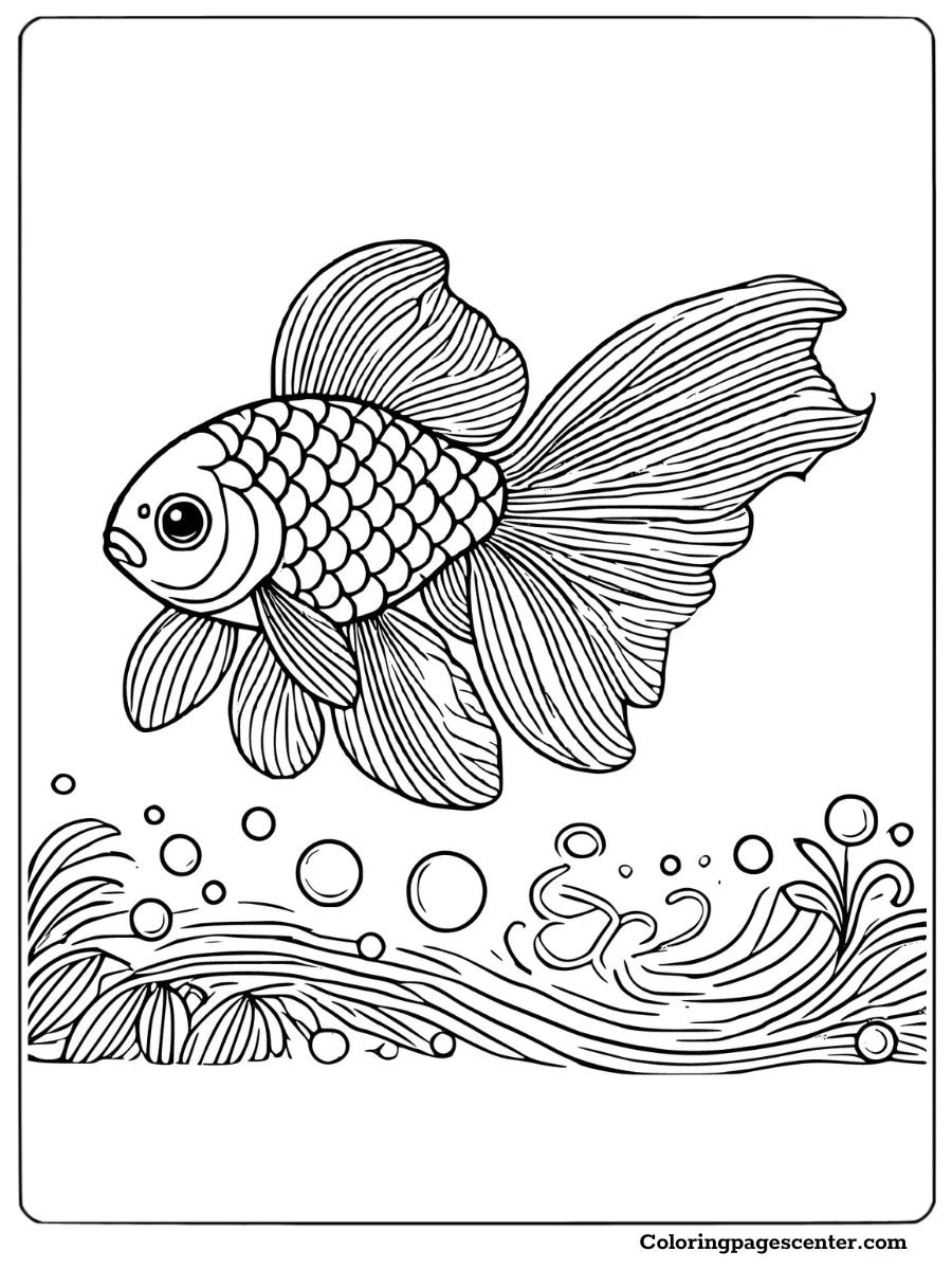 A detailed coloring page of a goldfish with long flowing fins surrounded by bubbles and water plants