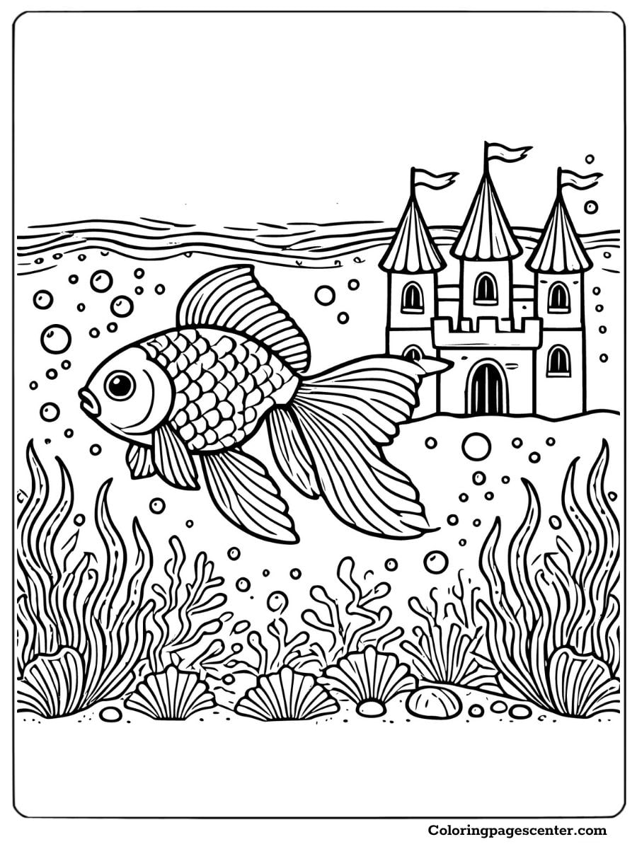 A creative coloring page featuring a goldfish swimming near a castle in an underwater scene with seaweed and shells