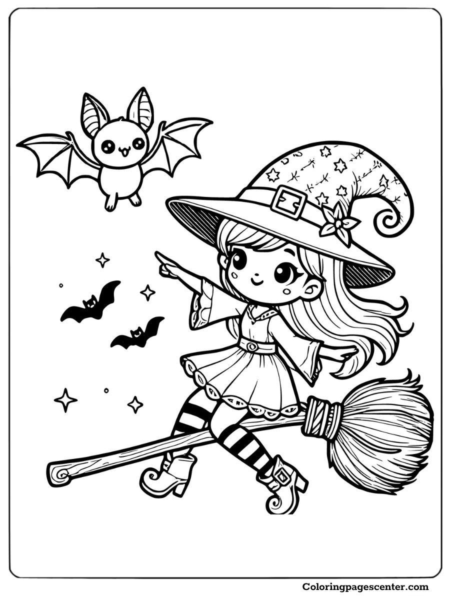 Halloween witch flying on broom with bats coloring page