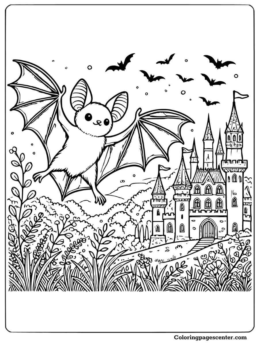 Cute bat flying with castle and smaller bats in the background coloring page