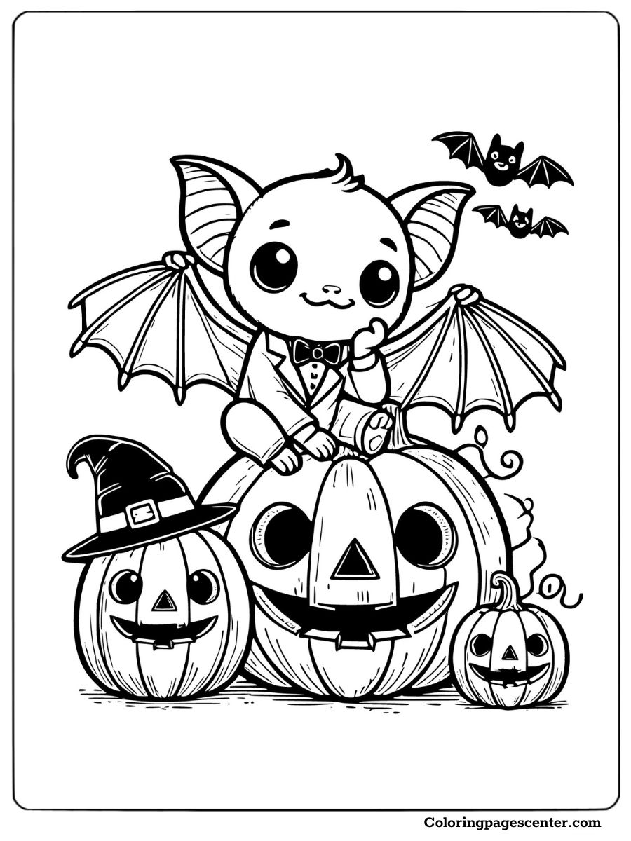 Bat sitting on carved pumpkin with other pumpkins coloring page