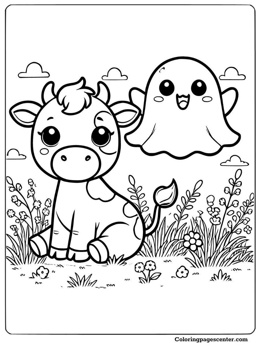 Adorable cow and ghost for Halloween coloring page