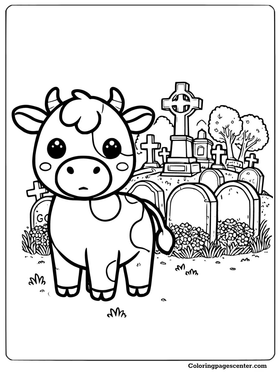 Halloween cow standing among gravestones coloring page