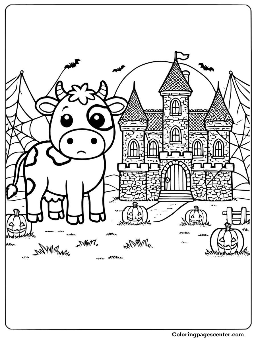 Spooky castle with Halloween cow coloring page