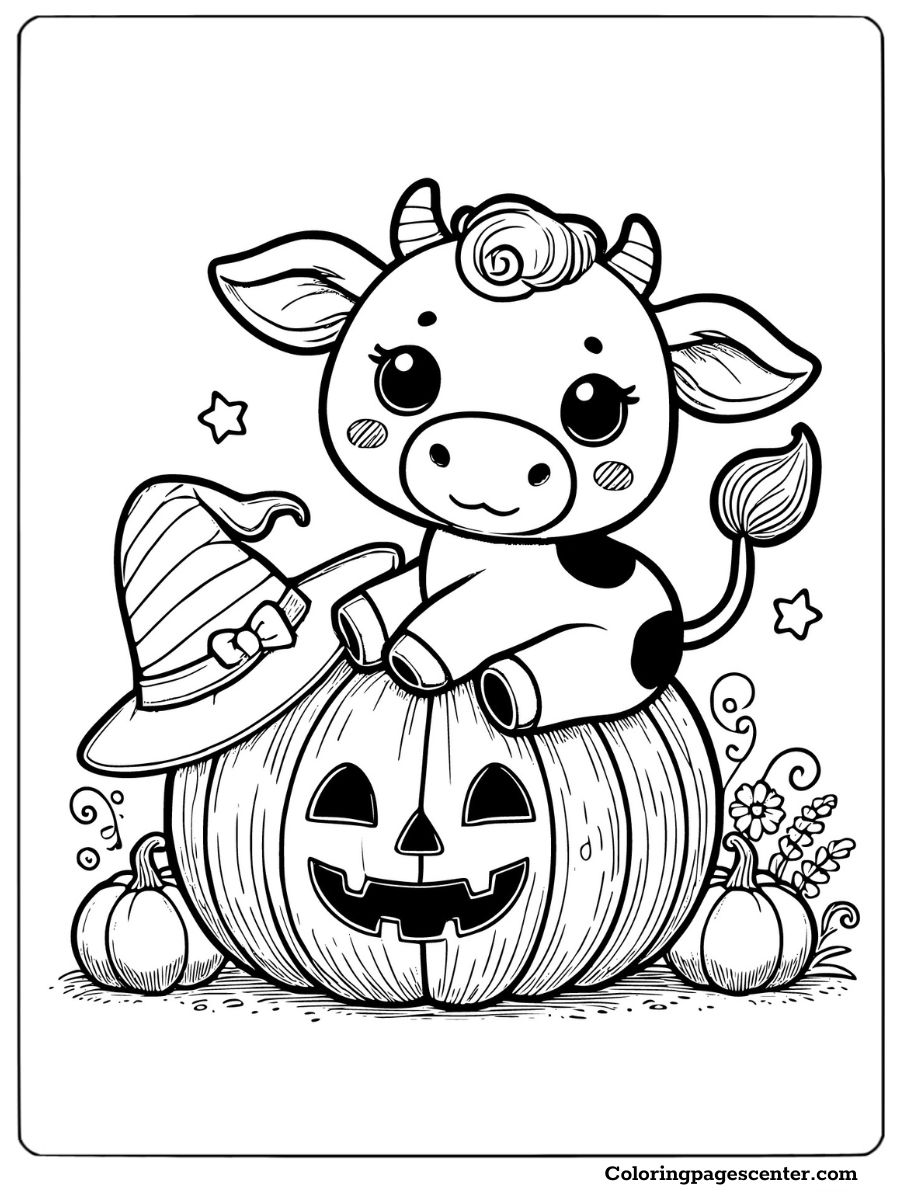 Cow on pumpkin celebrating Halloween coloring page