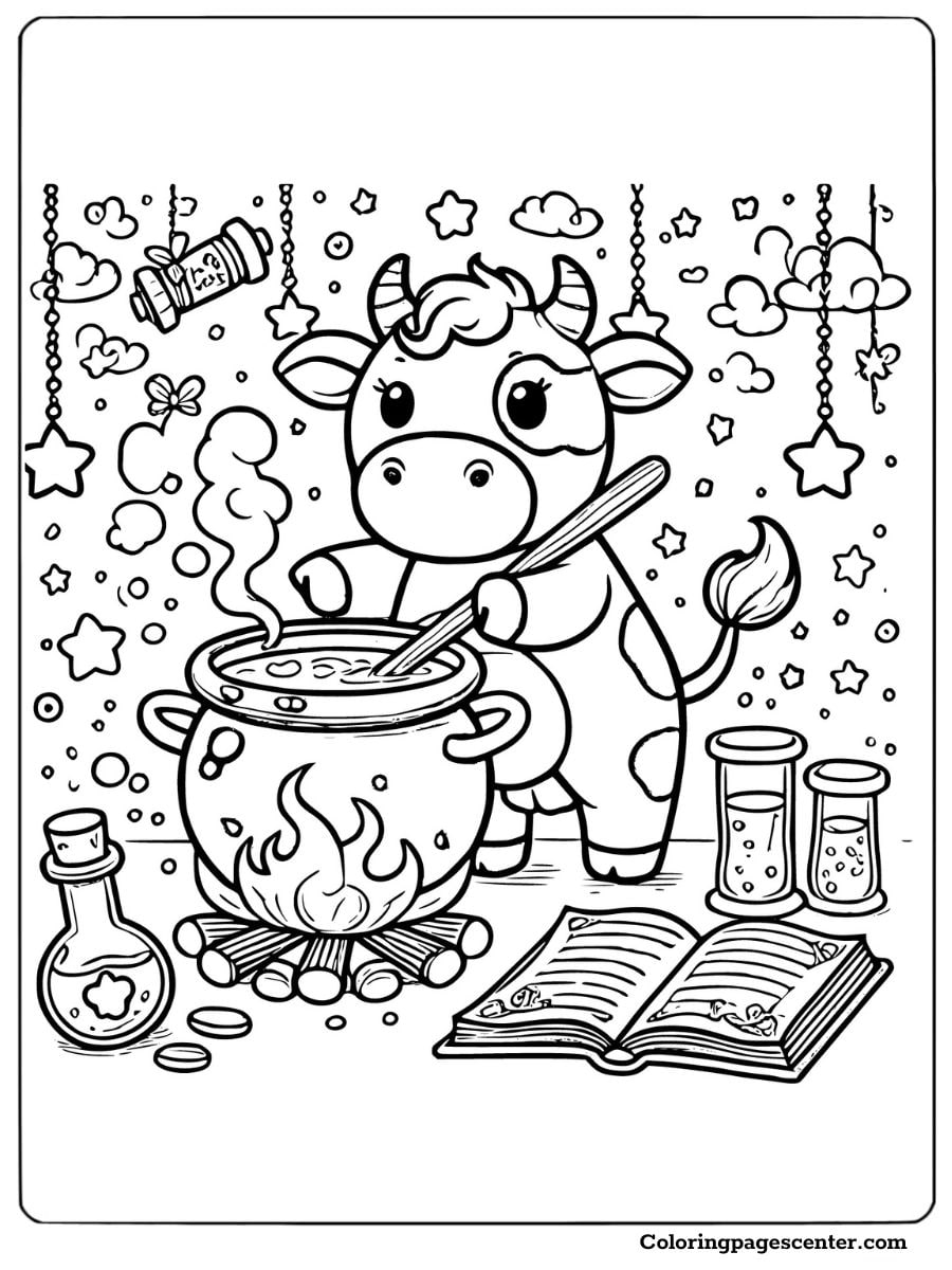 Cow making a potion for Halloween coloring page