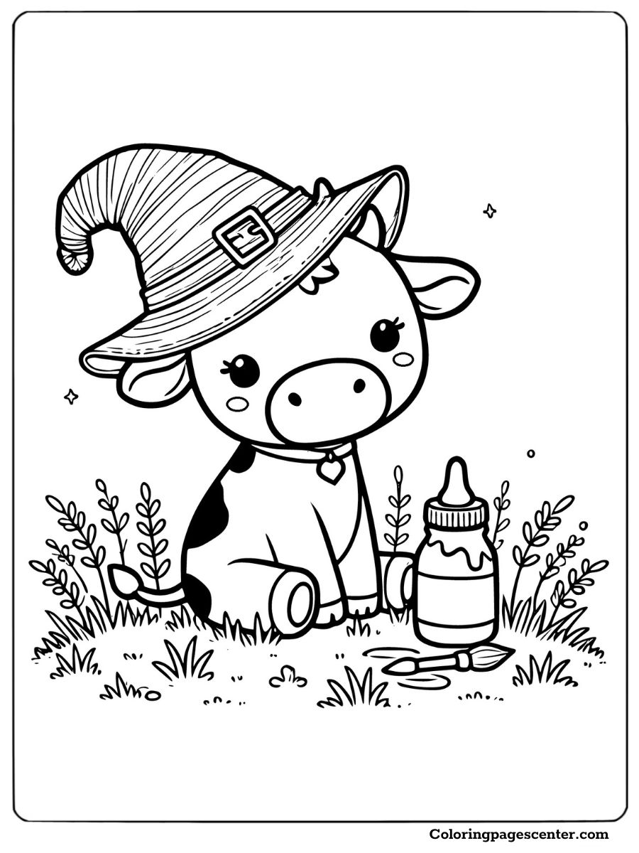 Witch hat Halloween cow sitting peacefully coloring page