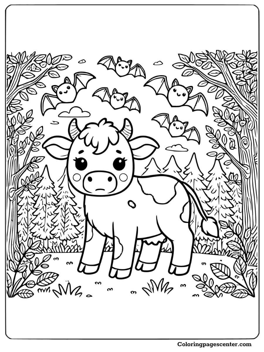 Halloween-themed cow and bats in a forest coloring page