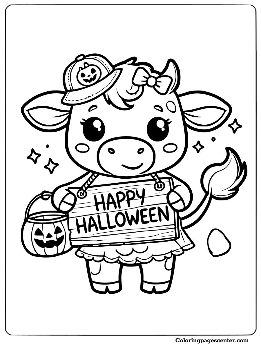 Cheerful cow holding Happy Halloween sign coloring page