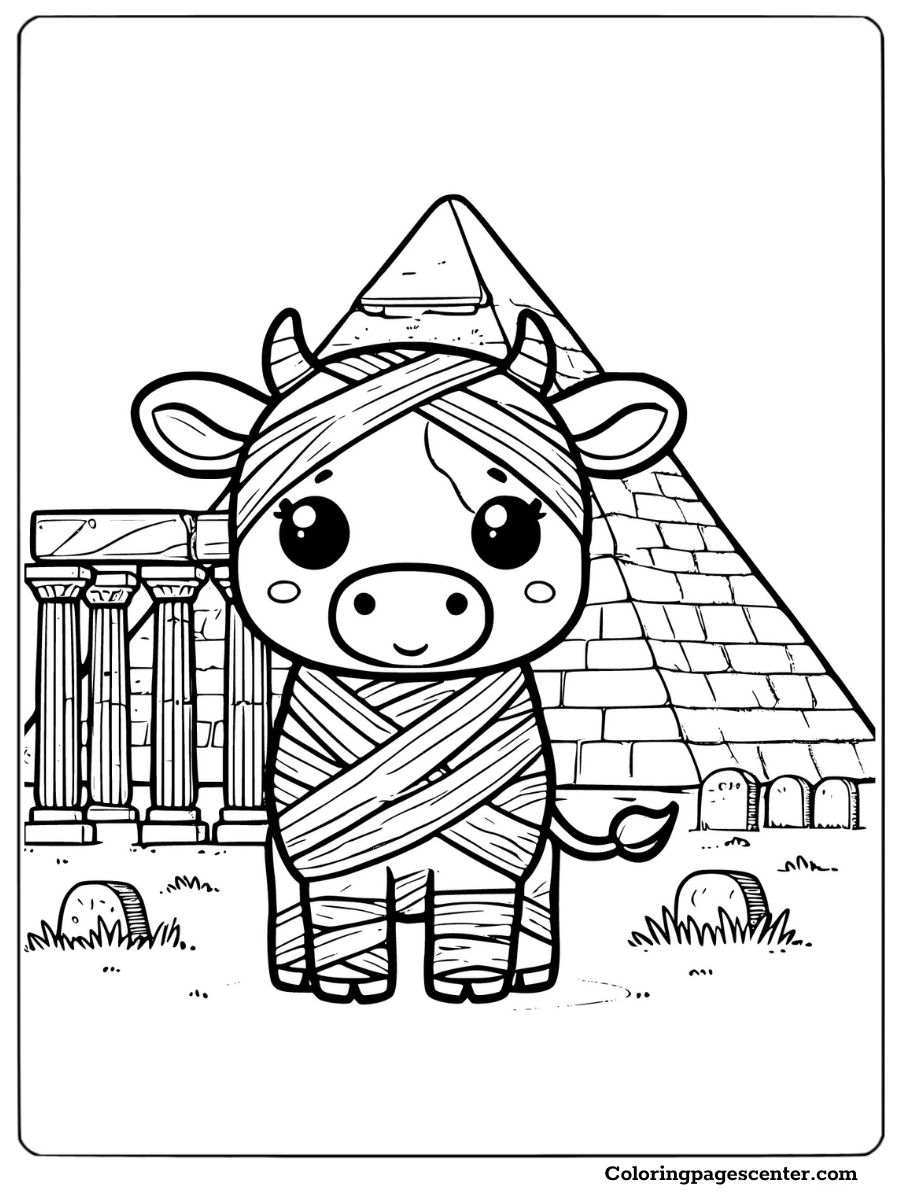 Mummy cow on Halloween near pyramids coloring page