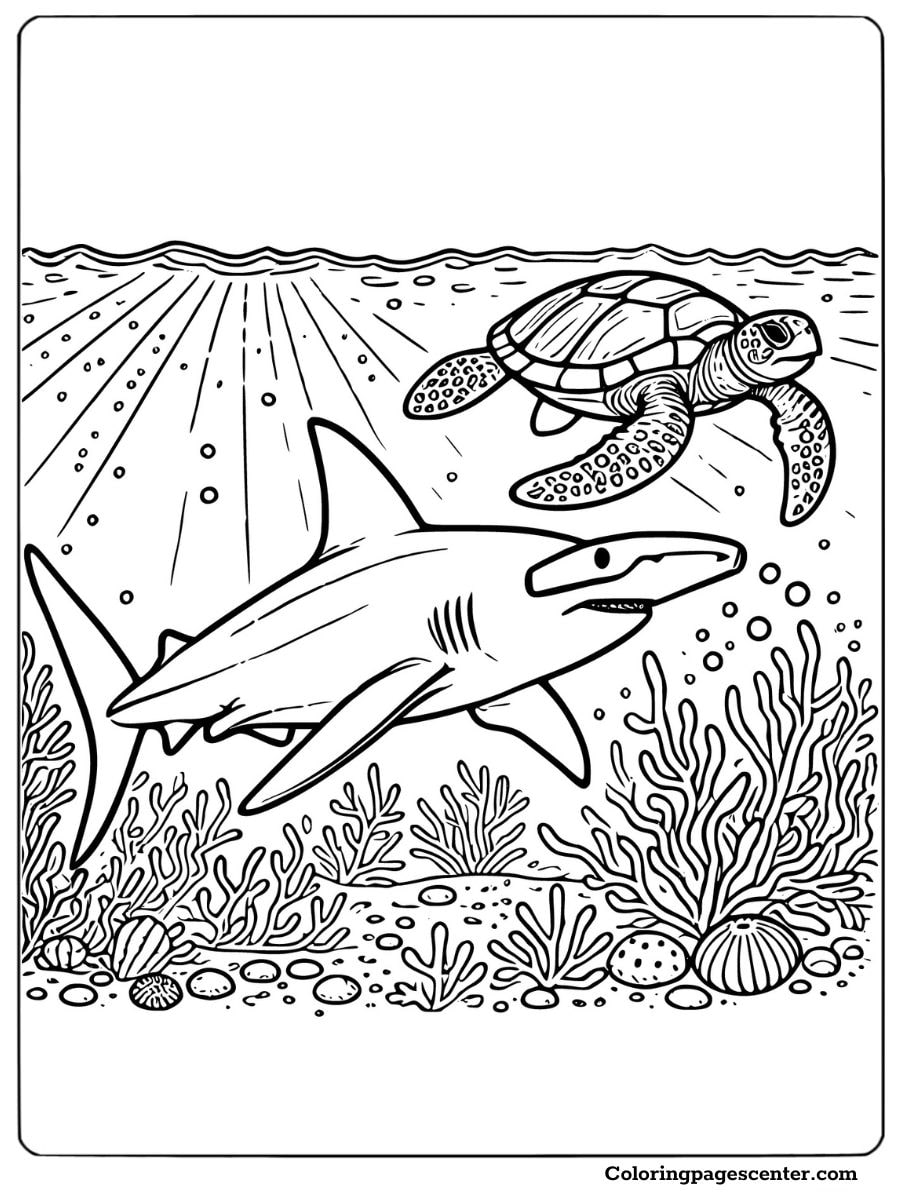 Hammerhead shark and a turtle swimming through coral reefs Coloring Page