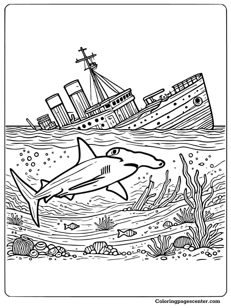 Hammerhead shark exploring a shipwreck with fish and coral Coloring Page