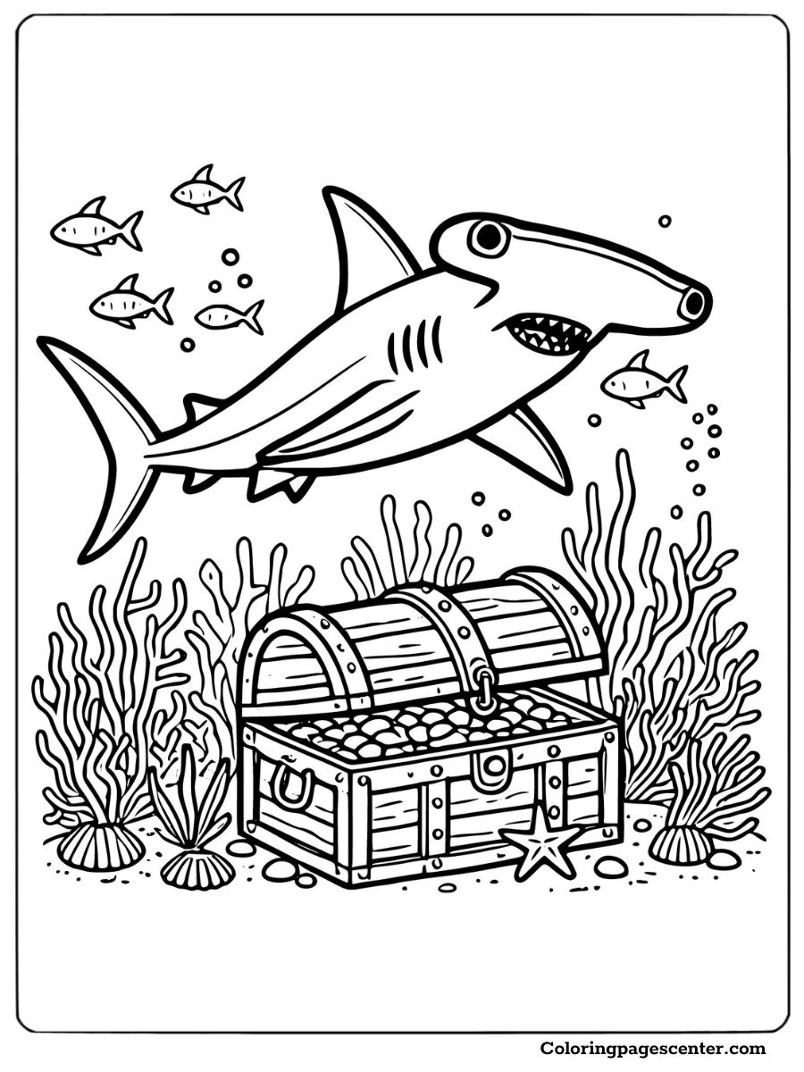 Hammerhead shark swimming among fish and treasure underwater Coloring Page