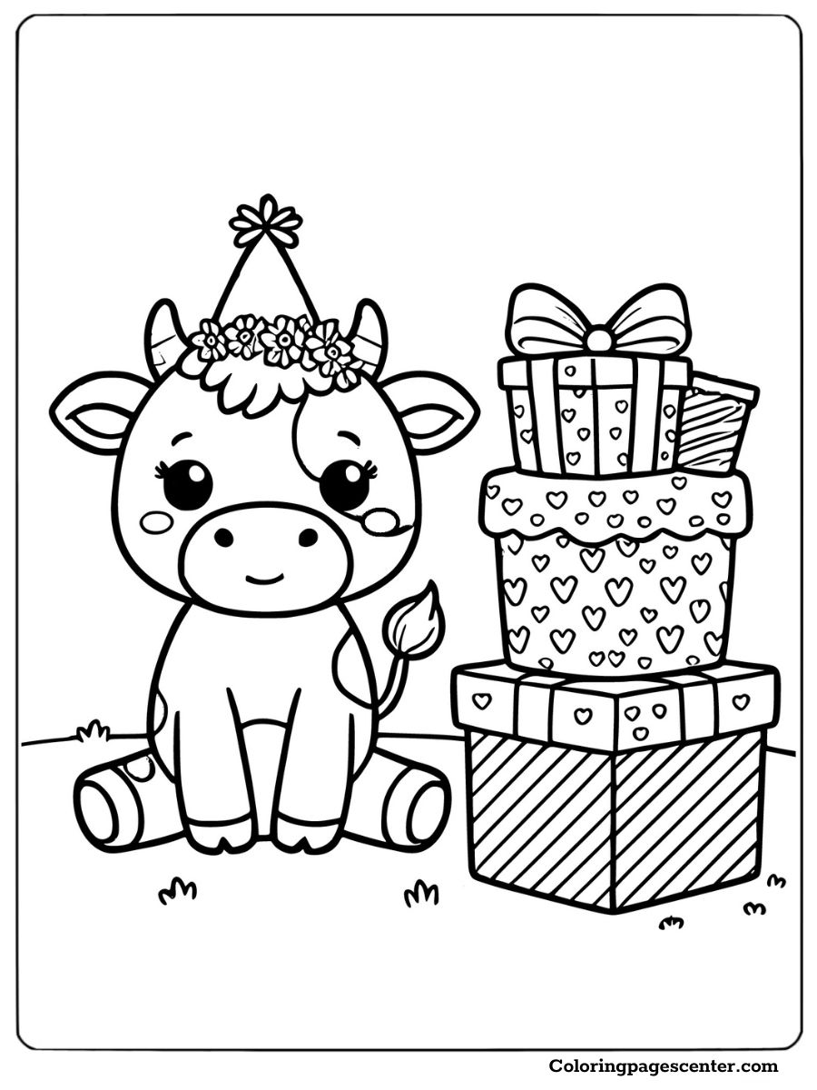 A cow with presents and a party hat coloring page