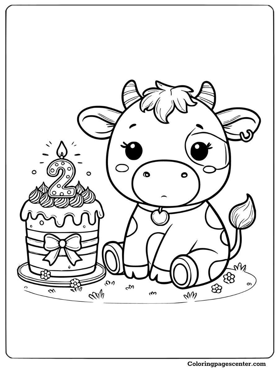 A cow sitting by 2nd birthday cake coloring page