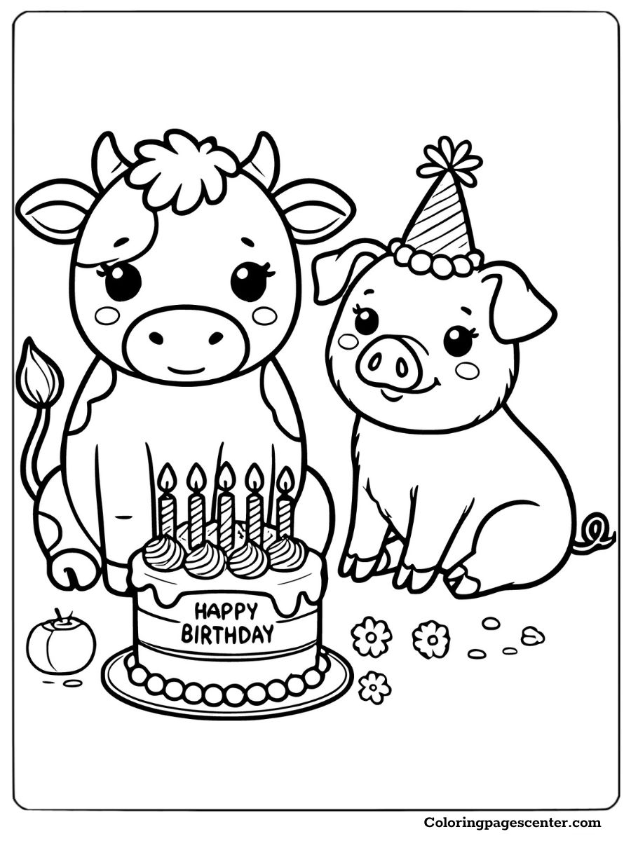 A cow and a pig with a birthday cake coloring page