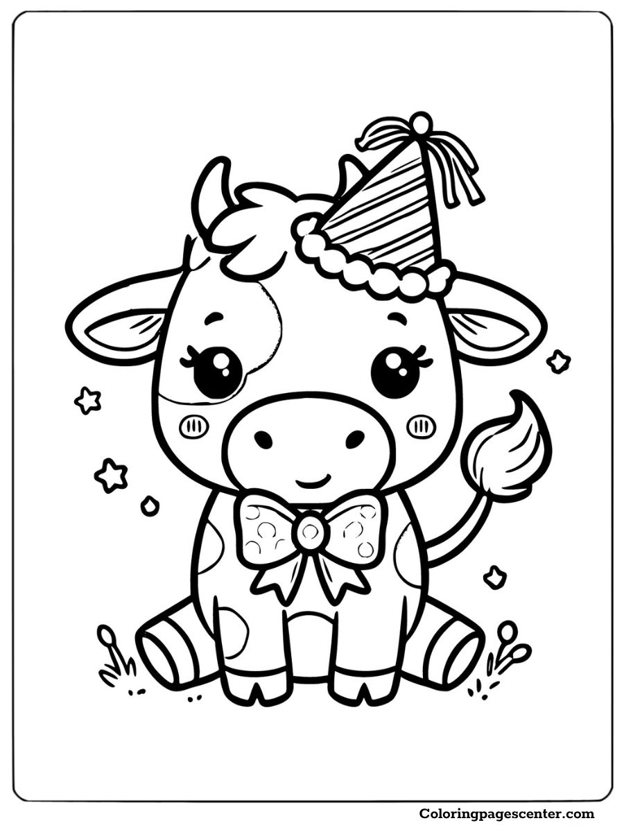 A cute cow wearing a bow and party hat coloring page