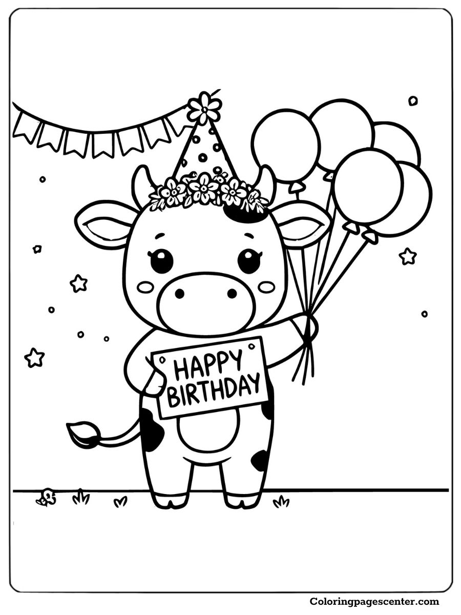 A smiling cow holding a birthday sign coloring page